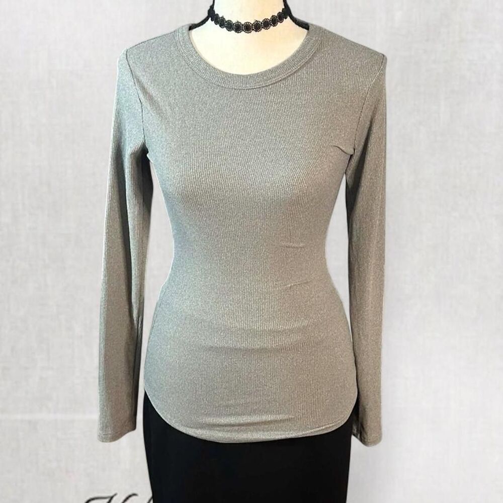 Y2K Style Silver Long sleeve Crew Neck Body Con Top